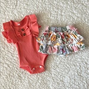 Coral Ruffled Baby Romper and Floral Shorts Set